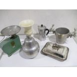 An assortment of interesting items including a vintage ice bucket in the form of a pear, a vintage