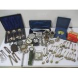 A collection of silver plated items, along with a Disney clock, gauges, 3D dimension viewer,