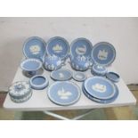 A small collection of Wedgwood Jasperware including two teapots, Christmas plates etc