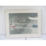 A large framed limited edition print of boats in a harbour by artist Patrick Procktor - Number 8