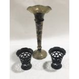 A large hallmarked silver trumpet vase 31cm height along with a pair of hallmarked silver baskets