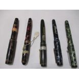 A collection of five fountain pens. Includes one Mentmore Autoflow, two Summit and two Eversharp.