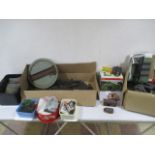A collection of model railway accessories including building, tri-ang track, platforms, signals,