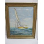 An oil painting on board of a sailing boat under full sail signed H W Beaumont