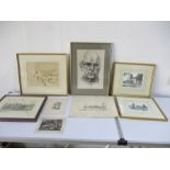 A collection of prints and engravings including churches, Harrow, an oriental scene, a cherub, a