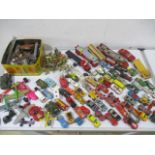 A collection of die cast vehicles including Matchbox, Corgi etc, along with other various toys and