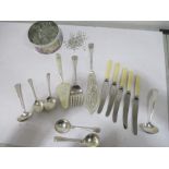 A selection of silver plated cutlery along with a quantity of crystal style drops