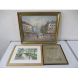 An framed oil painting on canvas of a Parisian street scene signed Burnett, along with a watercolour