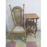 A Heywood Bros. USA wicker chair and similar plant stand- both labelled to underside