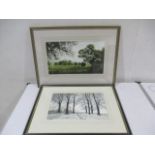Two framed watercolours by artist John Morland, one entitled "Willows On South Moor" and the