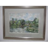 A watercolour of a narrow boat signed Charles Bone, overall size 60 cm x 78 cm