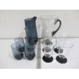 Two vintage art deco style sets of four glasses and matching jugs