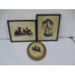 Three vintage framed large silhouettes including an art deco lady, horses and jockey jumping a fence