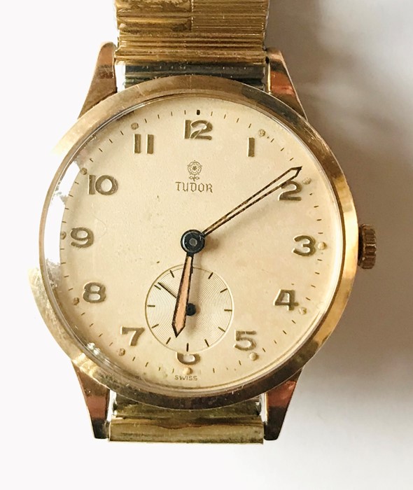 A 9ct gold Tudor (Rolex) gentleman's wristwatch with subsidiary second dial. Inscription to reverse.