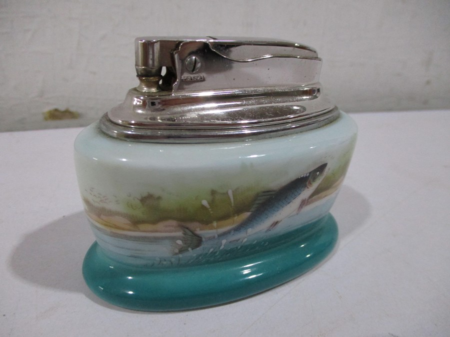 A boxed Minton porcelain cased Ronson table lighter, painted with leaping salmon signed R Scott - Image 2 of 7