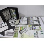 A collection of cricket themed stamps, postcards etc including "100 Years of English County