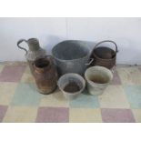 Two galvanised buckets along with two milk churns, cast iron cauldron etc