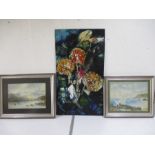 Two watercolour paintings, one of a lake scene and the other a seascape along with an acrylic work