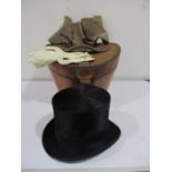A leather cased Christy's of London top hat along with white opera gloves and a pair of spats
