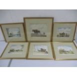A collection of six framed engravings of mainly agricultural scenes by artist Graham Clilverd,
