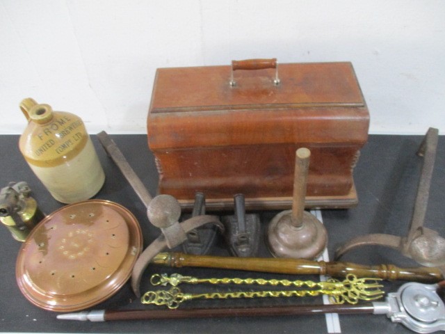 A collection of various items including a cased sewing machine (locked no key), bed warmer, pair