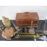 A collection of various items including a cased sewing machine (locked no key), bed warmer, pair