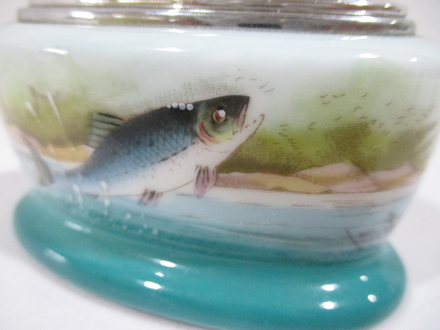 A boxed Minton porcelain cased Ronson table lighter, painted with leaping salmon signed R Scott - Image 3 of 7