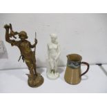 A spelter figure of a hunter, a Parian figure of a lady A/F and a Royal Doulton jug