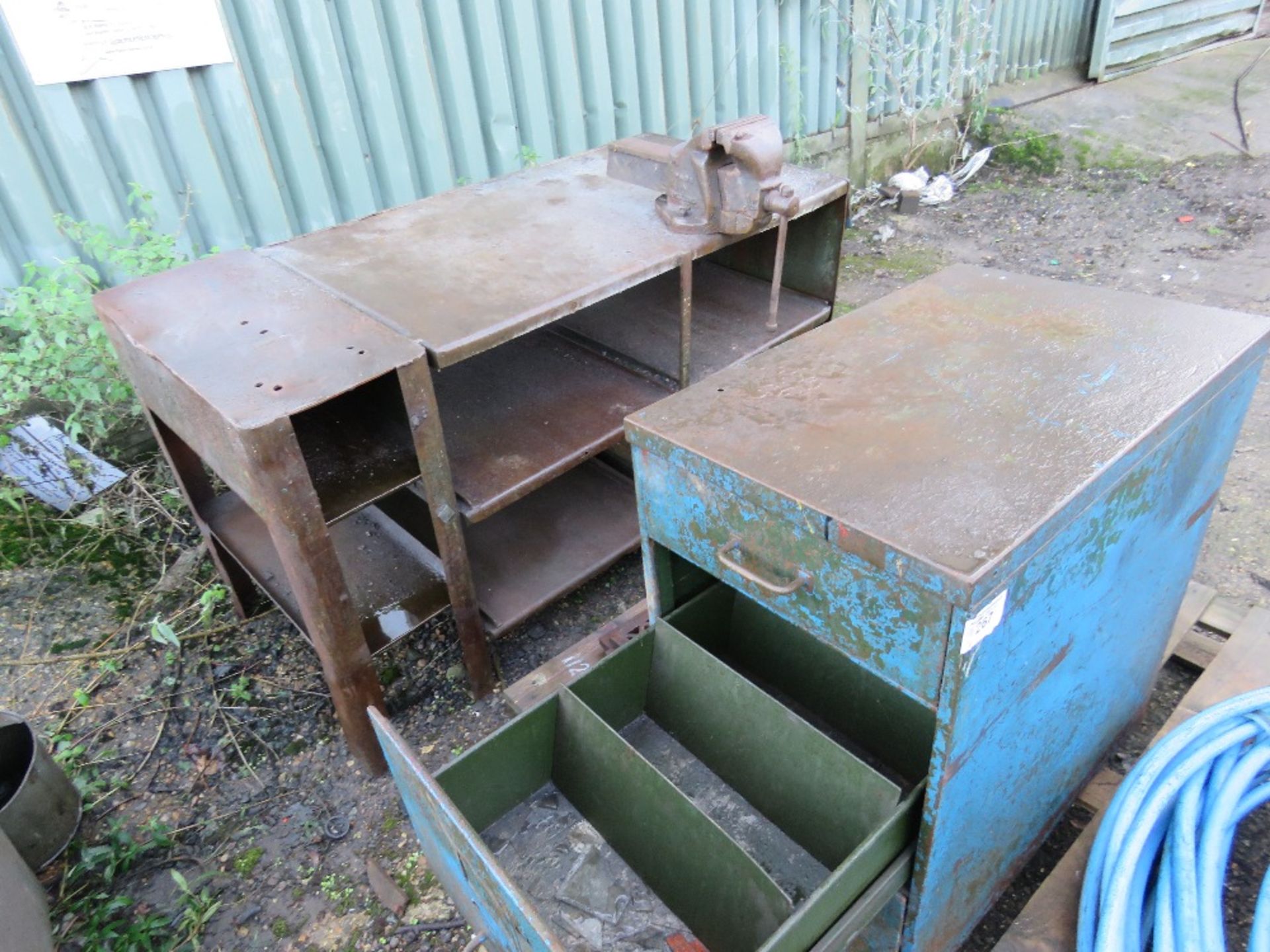 METAL WORKBENCH C/W VICE PLUS CABINET AND 5 X CAST IRON DRAIN COVERS This item is being item sold