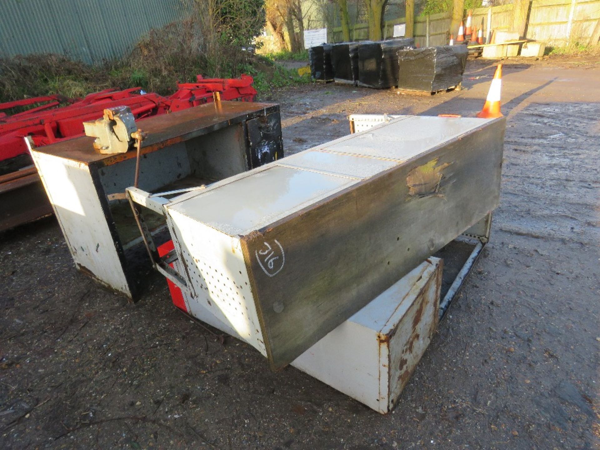 Metal work bench c/w vice plus 2no. cabinets.