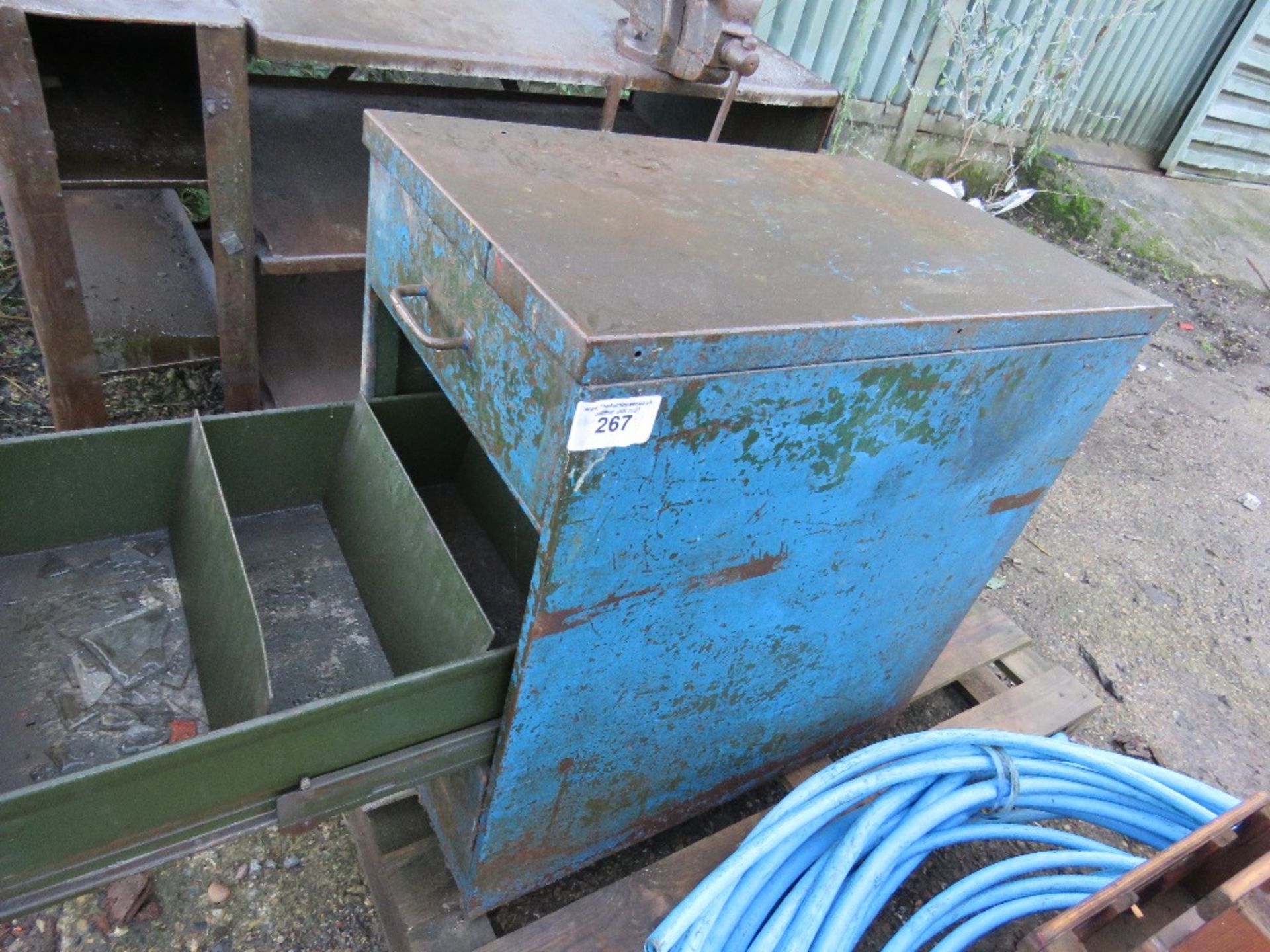 METAL WORKBENCH C/W VICE PLUS CABINET AND 5 X CAST IRON DRAIN COVERS This item is being item sold - Image 2 of 5