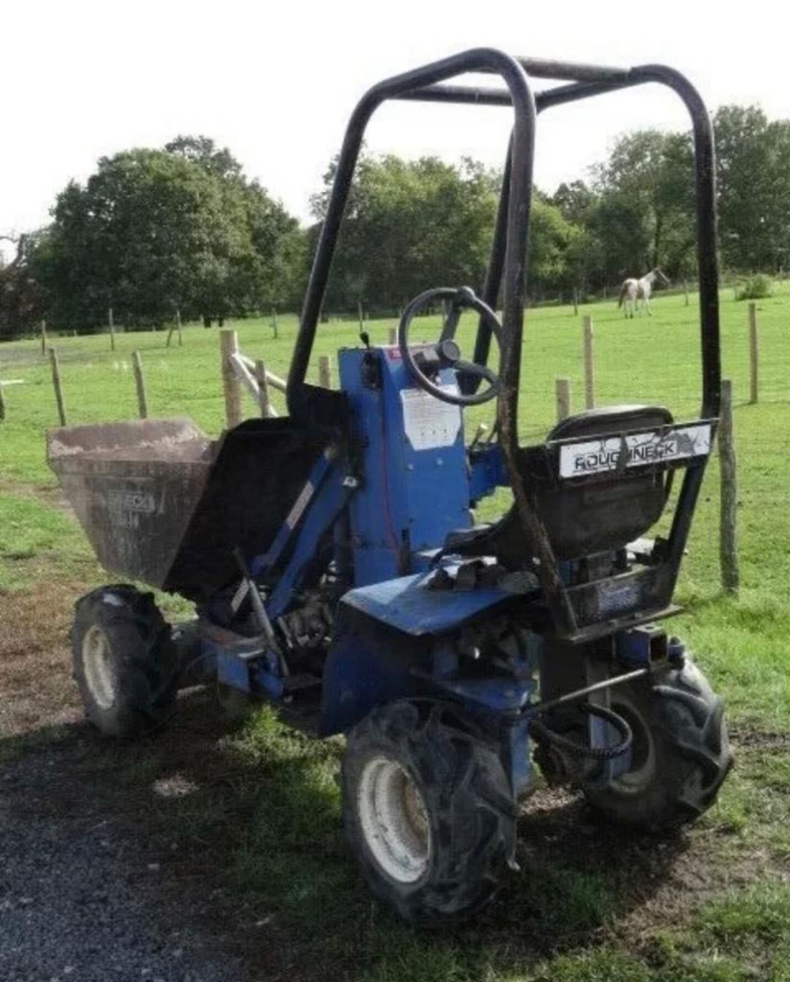 ROUGHNECK +4 TYPE HIGH TIP COMPACT SIZED DUMPER SUPPLIED WITH TOWING EQUIPMENT AS SHOWN. VENDOR'S