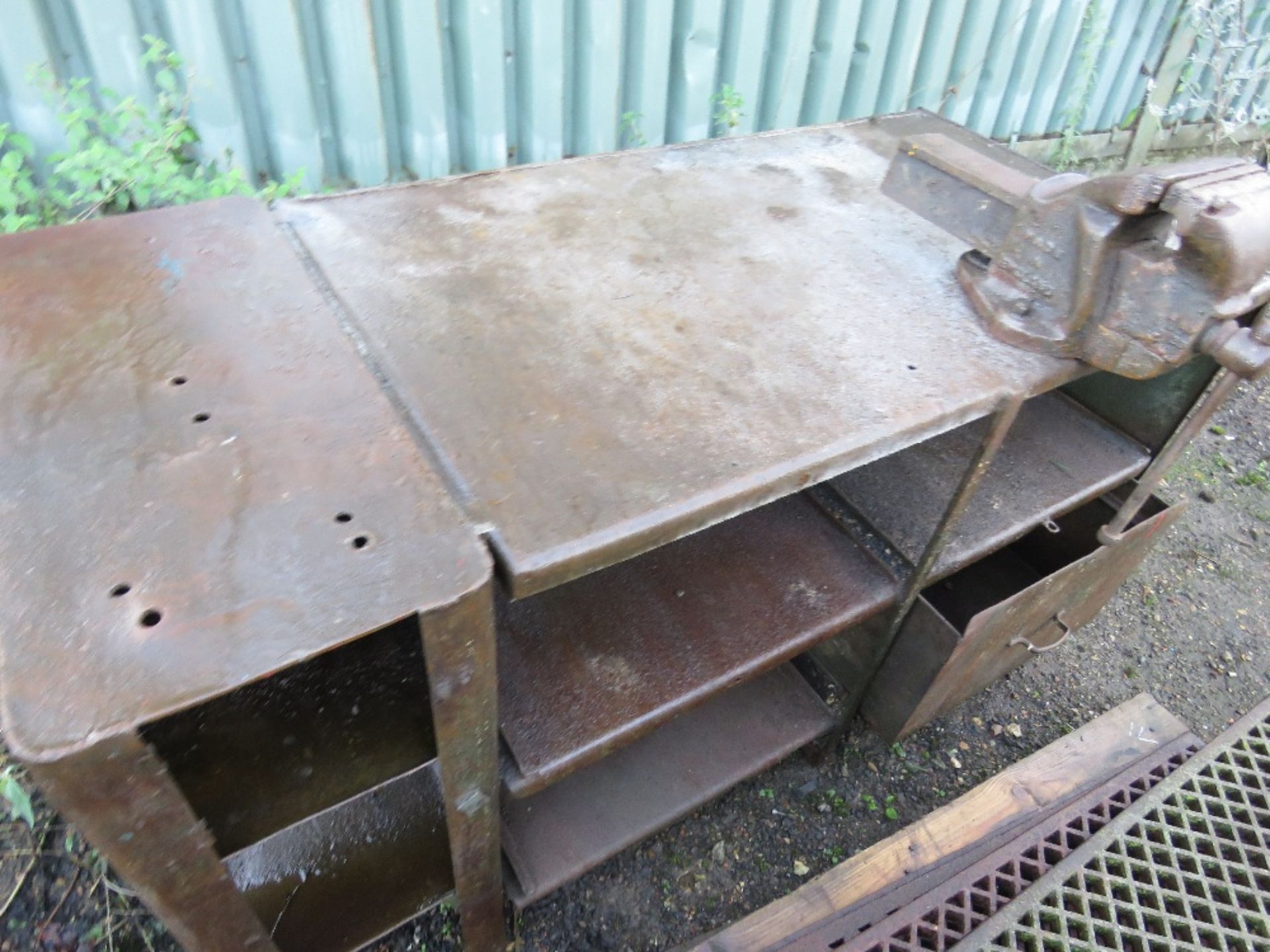 METAL WORKBENCH C/W VICE PLUS CABINET AND 5 X CAST IRON DRAIN COVERS This item is being item sold - Image 3 of 5