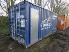 20FT STEEL CONTAINERISED PORTABLE OFFICE, ADAPTED WITH SIDE DOOR AND 2 X SLIDING DOORS. NO KEYS....