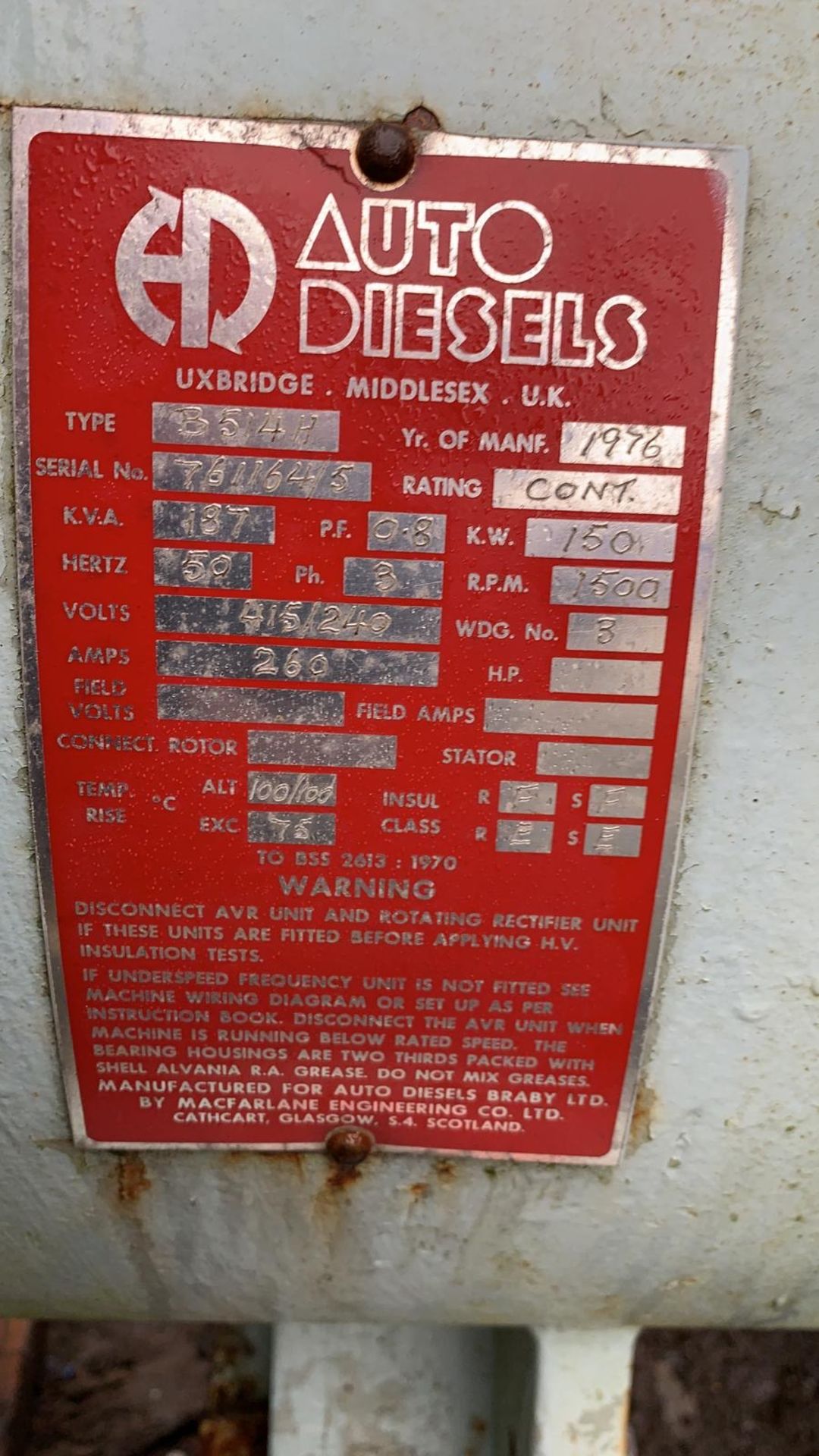 AUTO DIESELS VOLVO PENTA 187KVA RTED DIESEL GENERATOR, PREVIOUS AIRPORT STANDBY UNIT, SHOWING 800 - Image 3 of 5