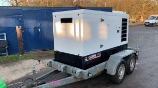 PRAMAC GSW110 TOWED GENERATOR SET, YEAR 2011, 6500 REC HRS, ON AVONRIDE TWIN AXLED TRAILER. WHEN