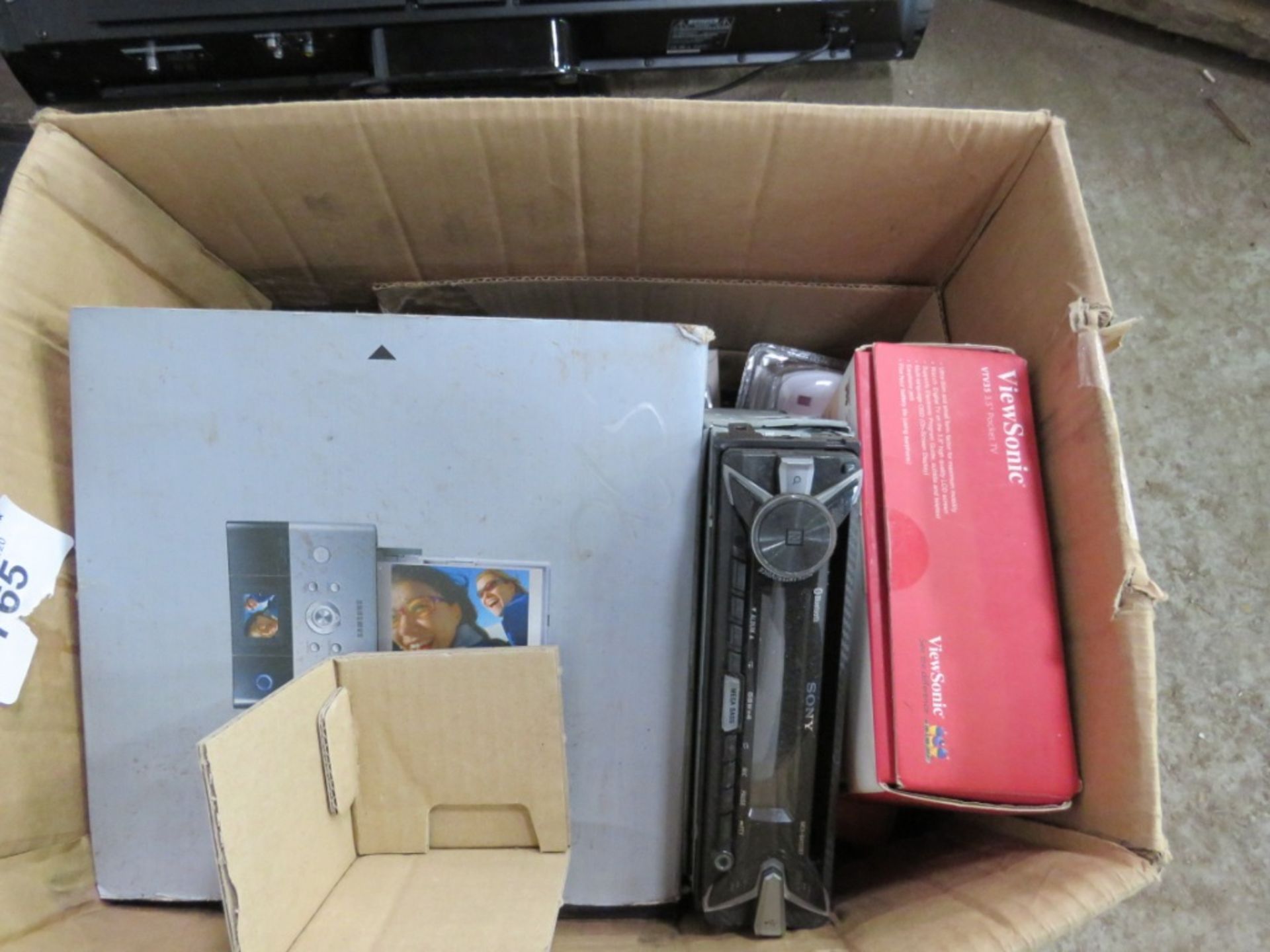 Box of radios and 2no. speakers