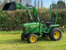 JOHN DEERE 855 4WD COMPACT TRACTOR FITTED WITH LOADER ON WIDE TURF TYRES. LOADER IS UNUSED.