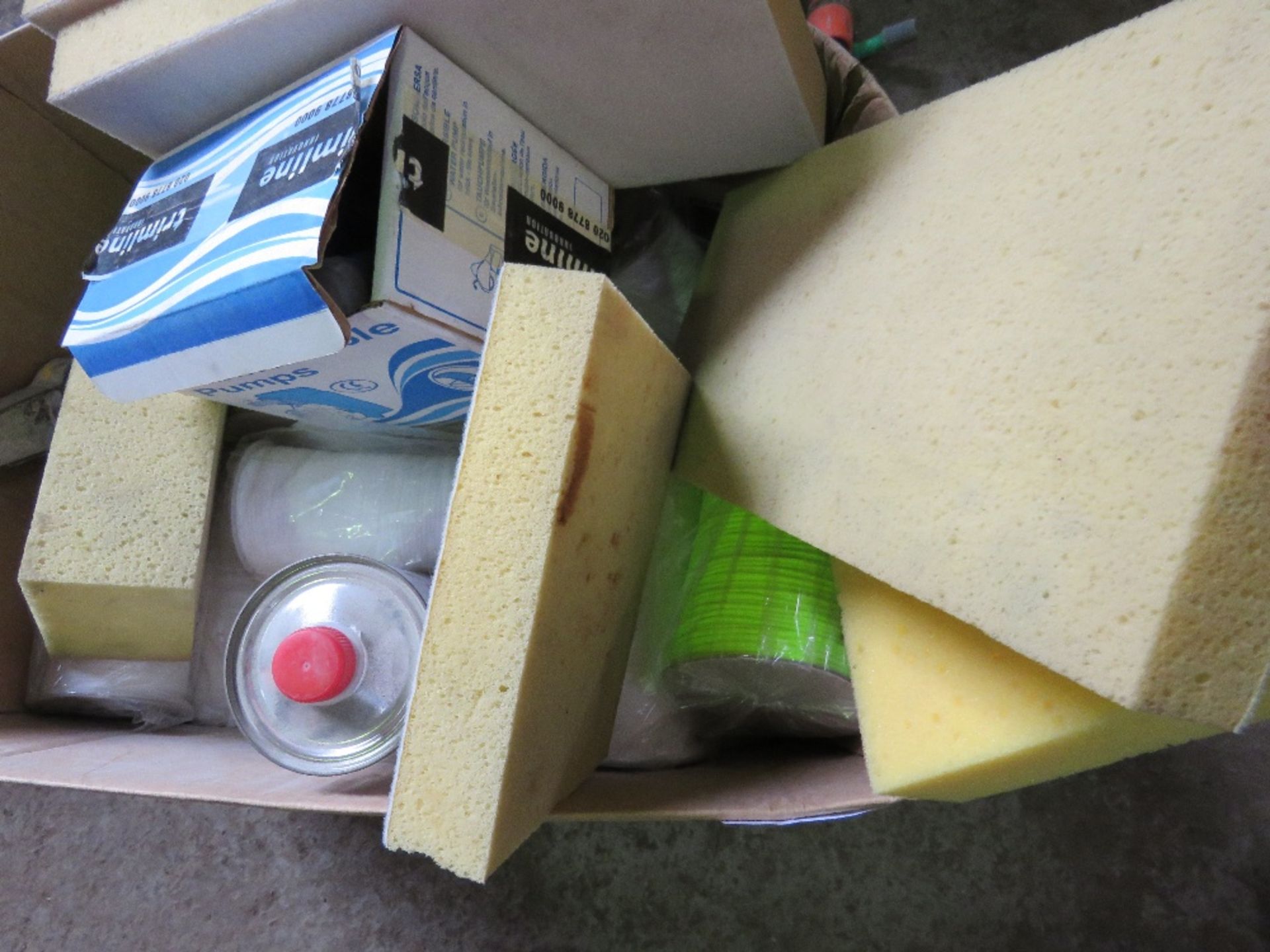 Box of grouting sponges and sundry items