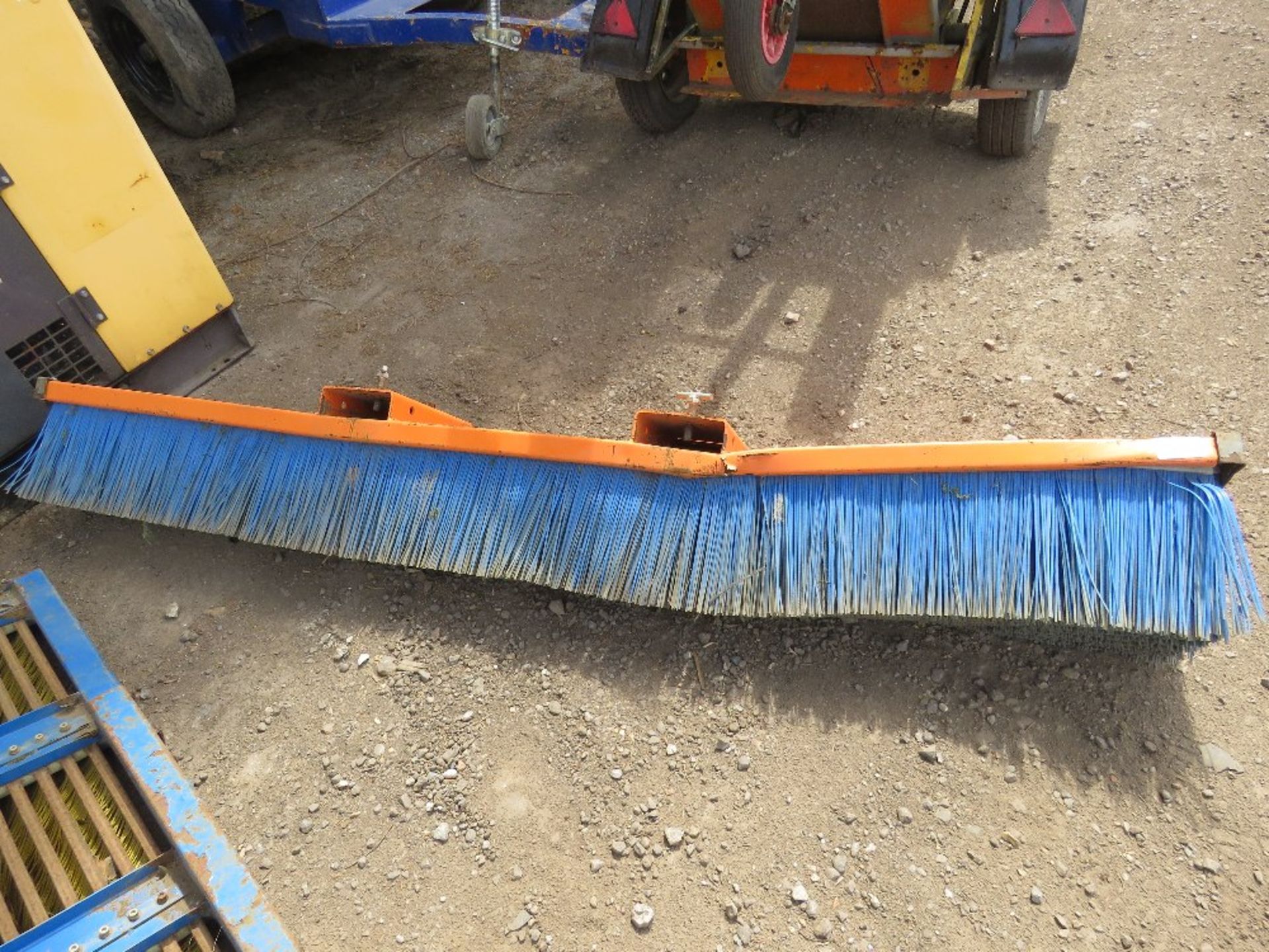 ORANGE 8FT WIDE FORKLIFT BRUSH, SOME DAMAGE...REQUIRES PLATING