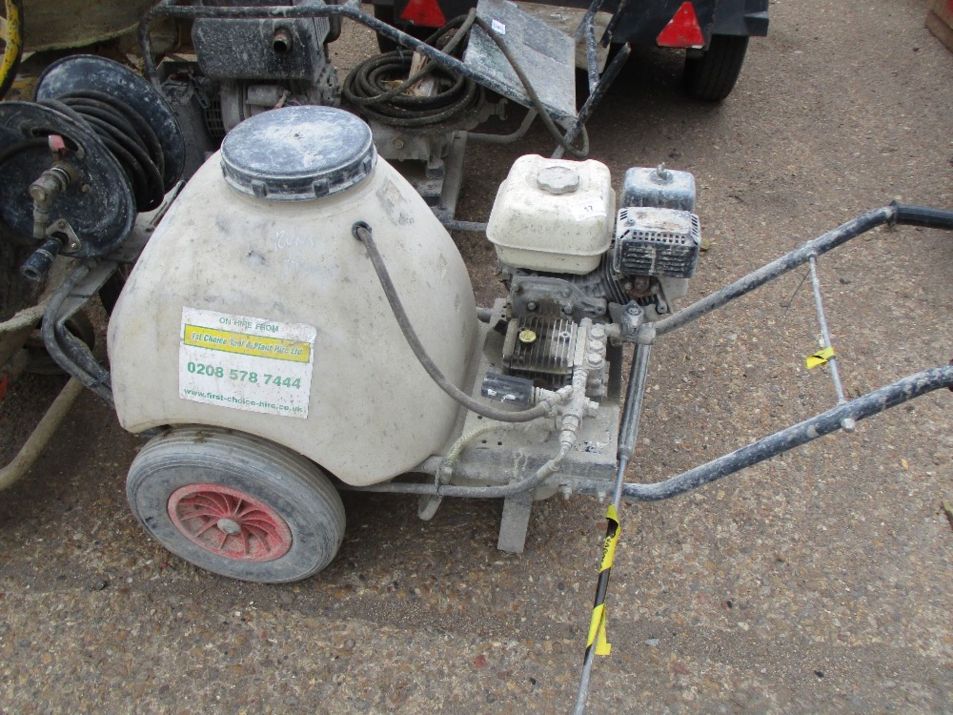 HONDA ENGINED PRESSURE WASHER BARROW, PETROL ENGINE. WHEN TESTED WAS SEEN TO RUN AND PUMP