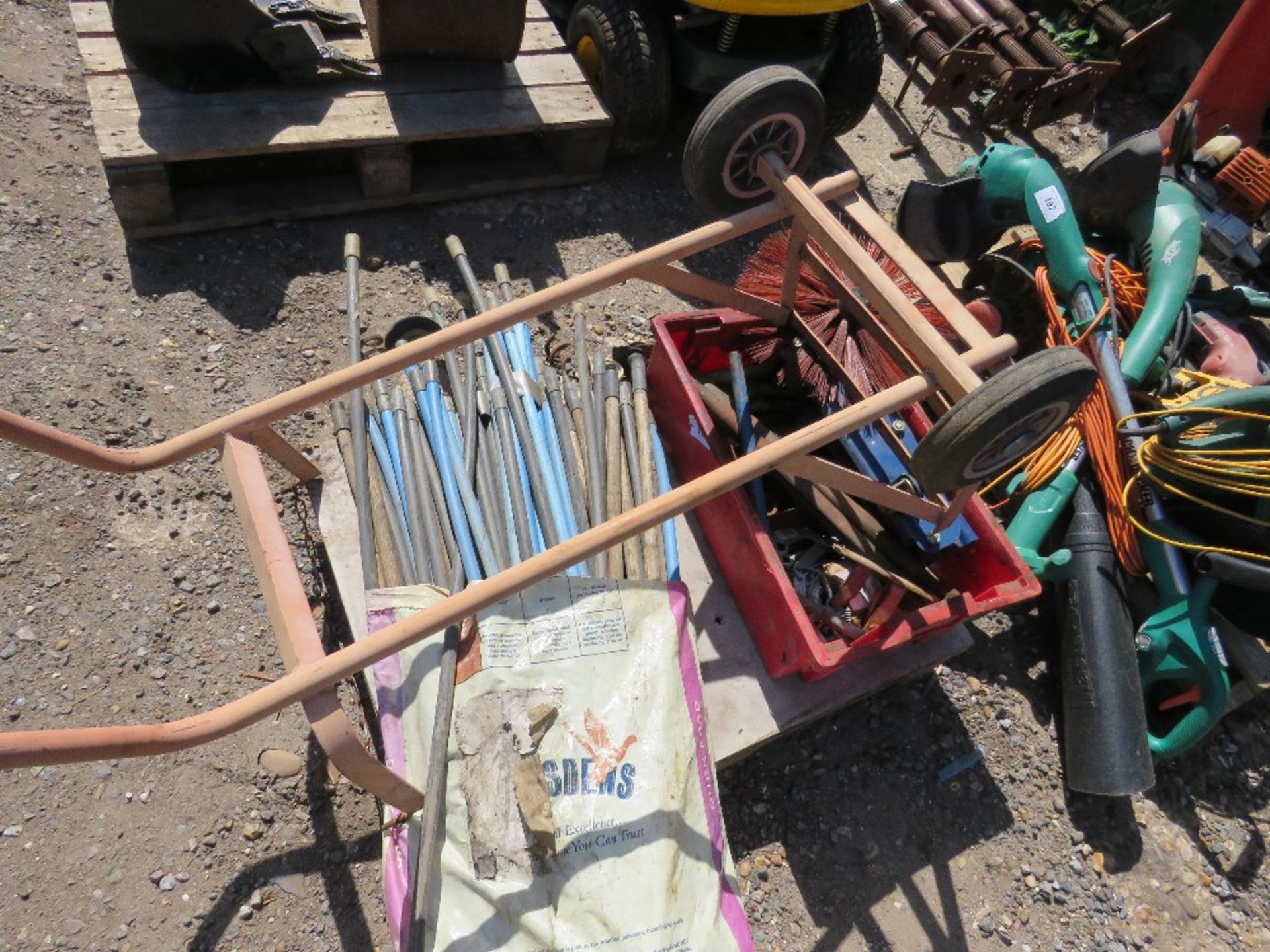 PALLET CONTAINING DRAIN RODS, TROLLEY JACK, SACK BARROW ETC