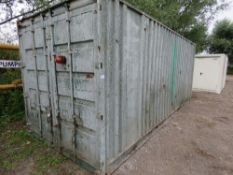 20 FOOT GREY SHIPPING CONTAINER SECURE STORE WITH INTERNAL SHEVING AND ELECTRICS.