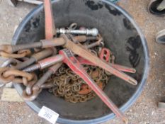 BUCKET OF CHAINS, RATCHET TIE DOWNS ETC.