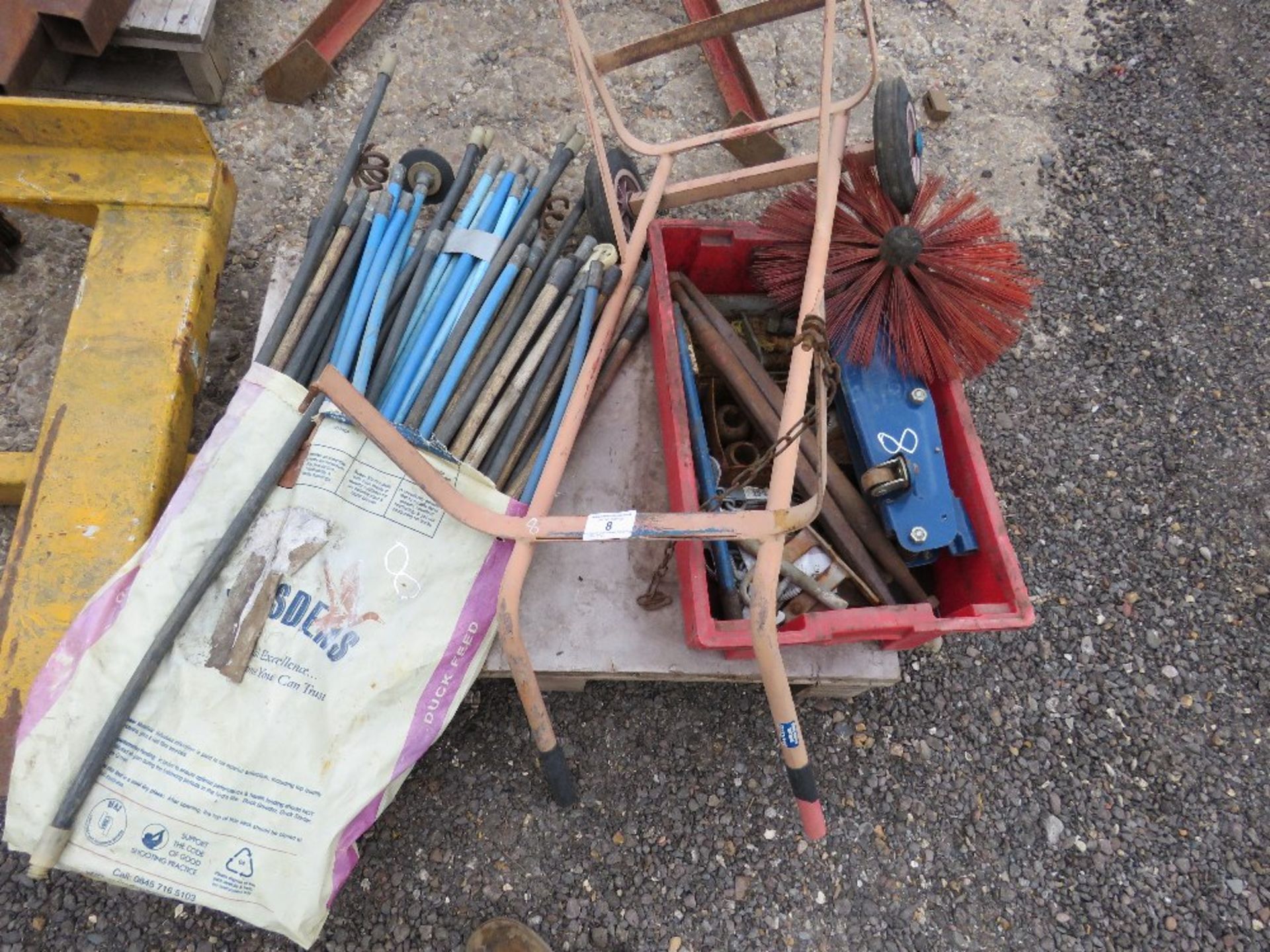 PALLET CONTAINING DRAIN RODS, TROLLEY JACK, SACK BARROW ETC