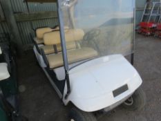 EZGO BATTERY POWERED 6 SEATER GOLF BUGGY. SN:2591866. WHEN TESTED WAS SEEN TO DRIVE, STEER AND BRA