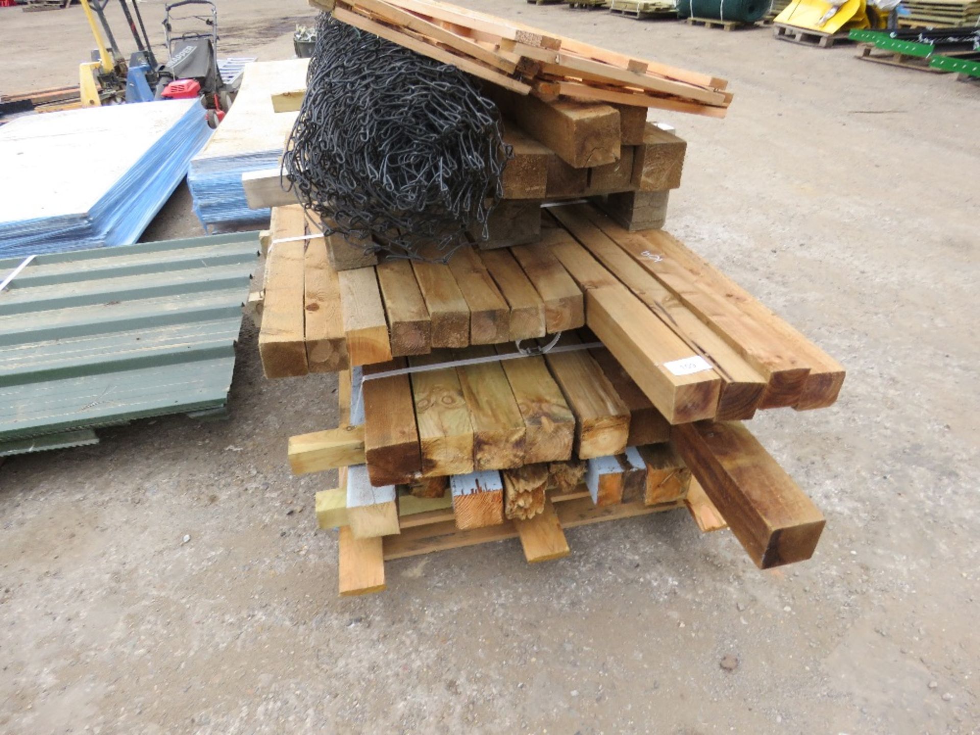 3 X PALLETS OF WOODEN POSTS, FENCE WIRE, TRELLIS ETC.