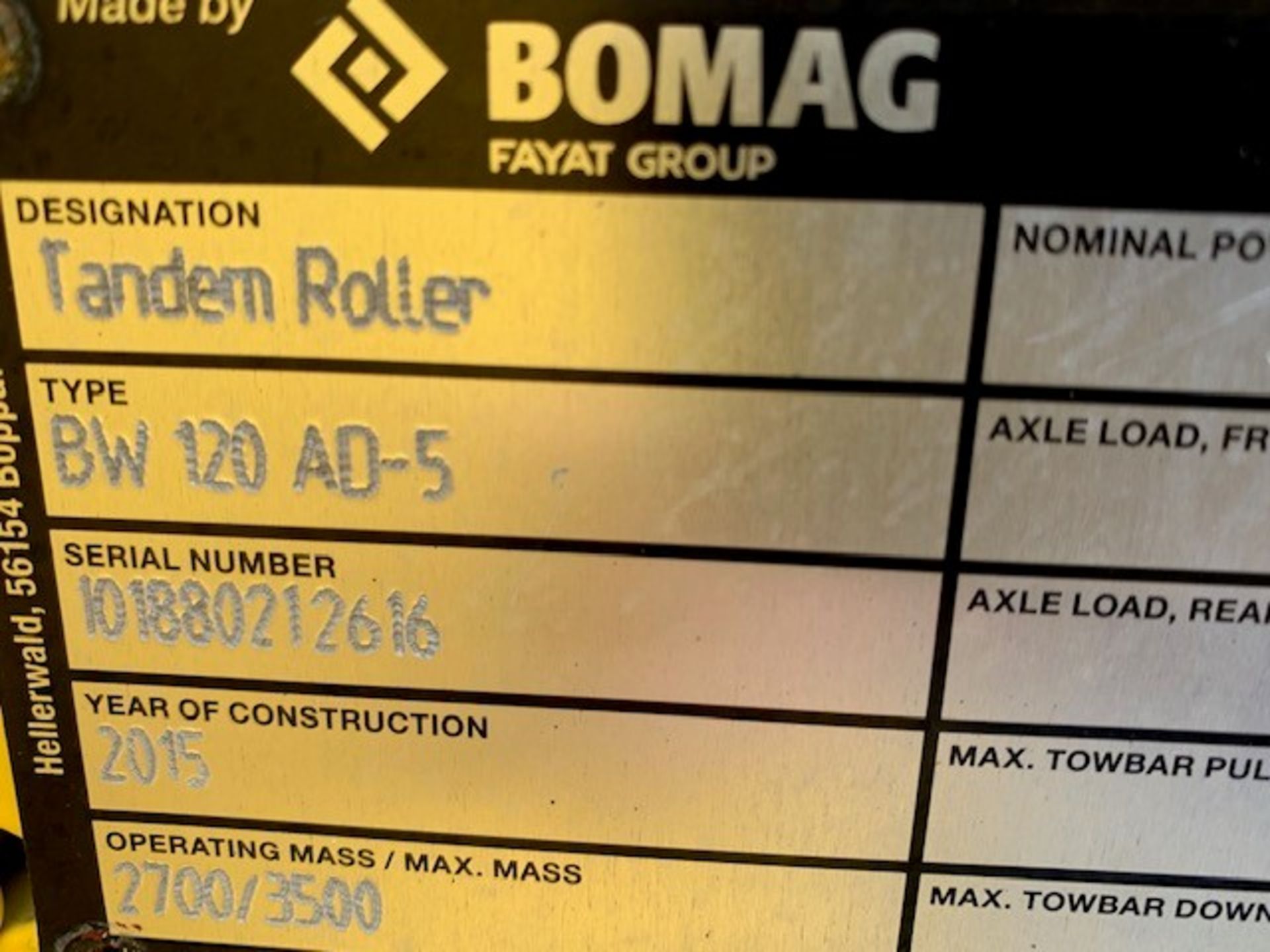 BOMAG 120 AD-5 TWIN DRUM ROLLER, YEAR 2015. 886 REC HOURS. WHEN TESTED WAS SEEN TO DRIVE, STEER AND - Image 4 of 7