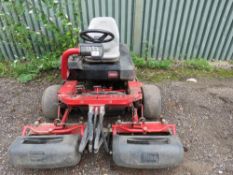 TORO RIDE ON TRIPLE MOWER. WHEN TESTED WAS SEEN TO RUN, DRIVE AND MOWERS TURNED.