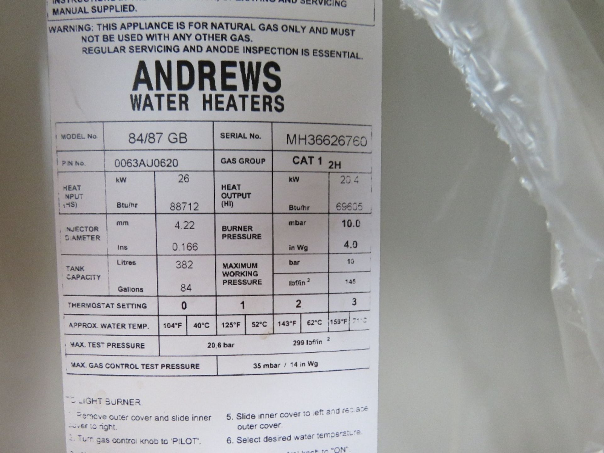 ANDREWS 84/87 GB 26KW WATER HEATER. - Image 4 of 4